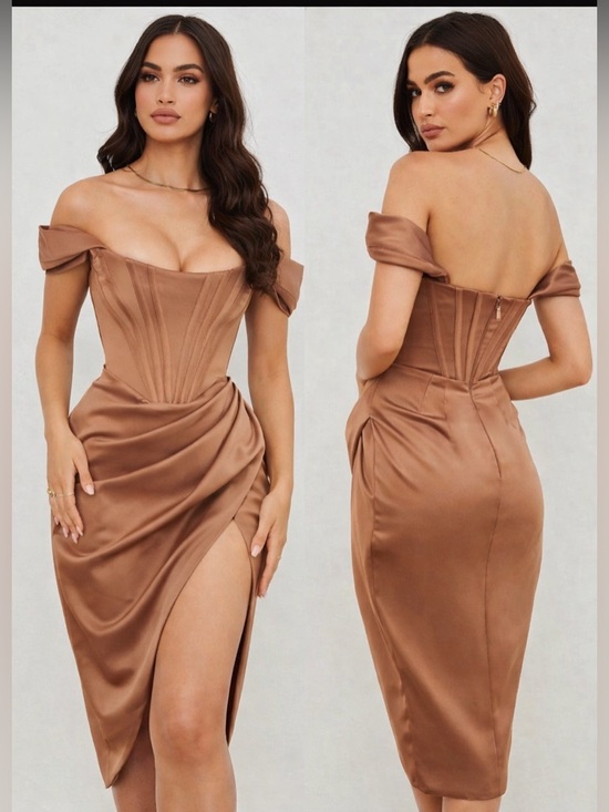 House of CB Dresses & Skirts - HOUSE OF CB ‘Loretta’ Toffee Satin Off Shoulder Dress 🤎 Size S (US 4–6)